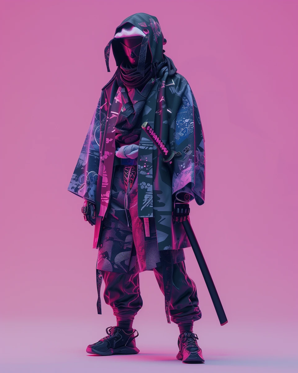 A model in Urban Samurai Fusion attire, where traditional samurai elegance meets modern urban style